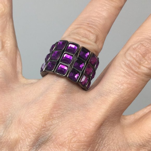 Expandable Purple Faceted Acrylic Tiny Square Pewter Tone Bar Wide Stretch Ring - Picture 2 of 16
